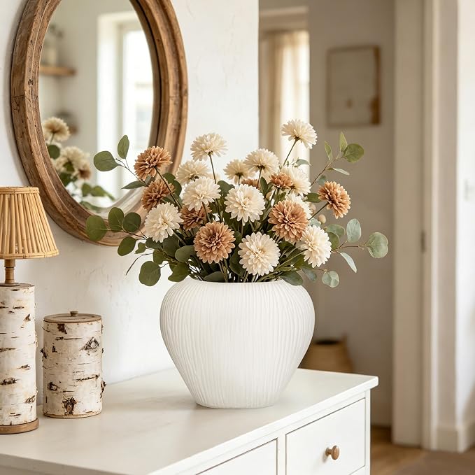 Slim Flat Ceramic Vase for Home Decor, 7" Ribbed Modern Flower Vase, Space-Saving Narrow Decorative Vase for Pampas Grass Artificial Flowers, Farmhouse Boho Table Centerpiece, White