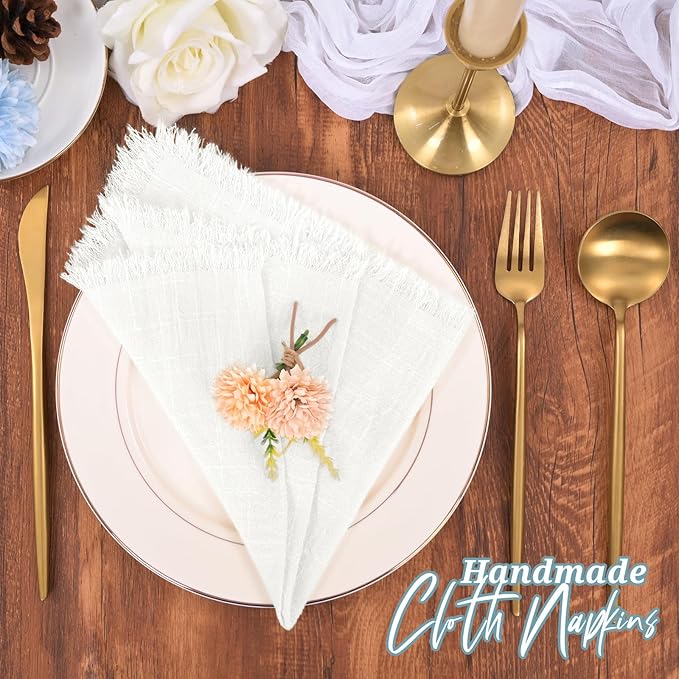 30 Pack White Cloth Napkins Cotton Linen Napkins with Fringe 16 x 16 Inch Soft Handmade Napkins Cloths Delicate Washable Rustic Dinner Napkin Cloths for Wedding Party Dinner Table Decor