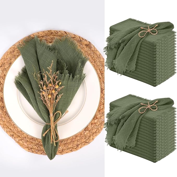 30 Packs Olive Green Napkins 16x16 Inch, Cotton Linen Handmade Cloth Napkins Bulk with Fringe - Soft Rustic Boho Napkins for Wedding, Party, Christmas Event Dinner Birthday Table Decor