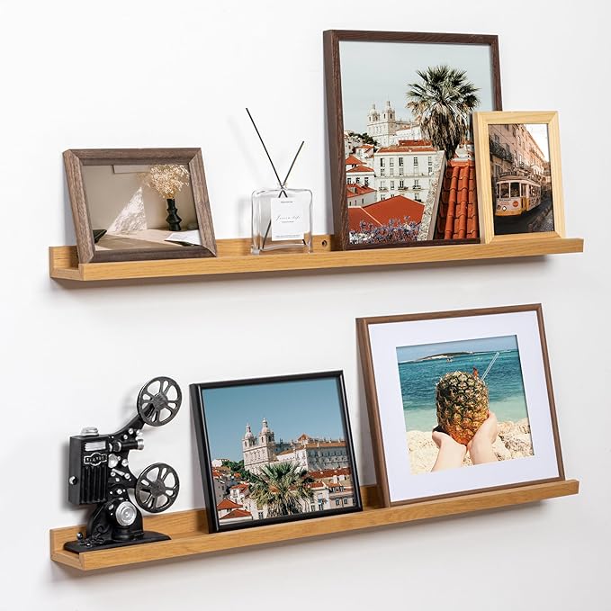 Fun Memories Picture Ledge Shelf, 36 Inch Floating Shelves Set of 2, Nursery Book Shelves for Toys Storage, Kids Bookshelf Wall Mounted for Wall Decor Books Photo Frames, Oak