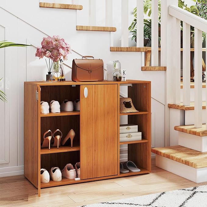 Giantex Wood Shoe Cabinet with Doors, Freestanding Shoe Rack Cabinet with 3-Level Adjustable Open Shelves, Modern Wooden Shoe Storage Cabinet for Entryway, Hallway, Closet, Living Room (Natural)
