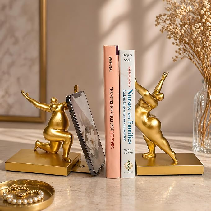 Sculptural Bookends Set of 2, Decorative Modern Bookends with Adjustable Phone & Tablet Holder, Artistic Resin Book Ends for Shelves, Durable Home & Office Decor – Metallic Gold