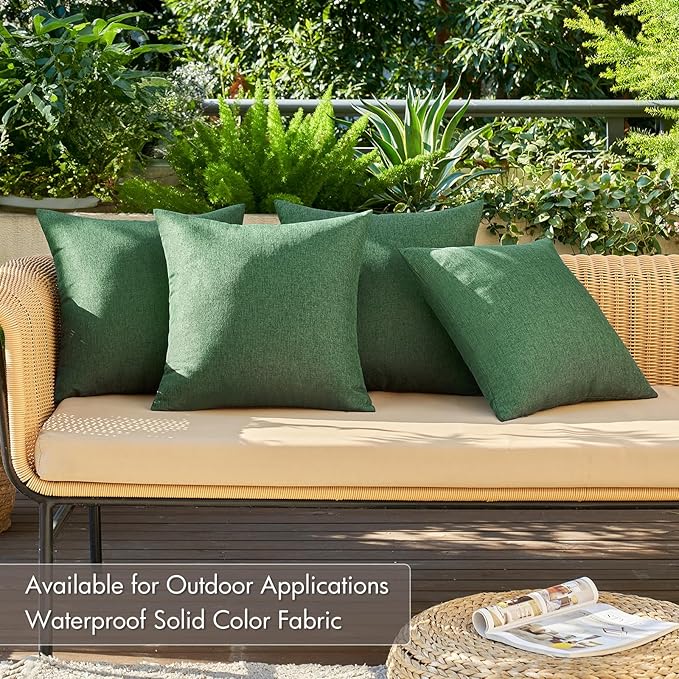 MIULEE Pack of 4 Decorative Outdoor Throw Pillow Covers Linen Waterproof Pillow Covers Summer Farmhouse Cushion Cases for Patio Garden Tent Balcony Couch Sofa 16x16 Inch Dark Green