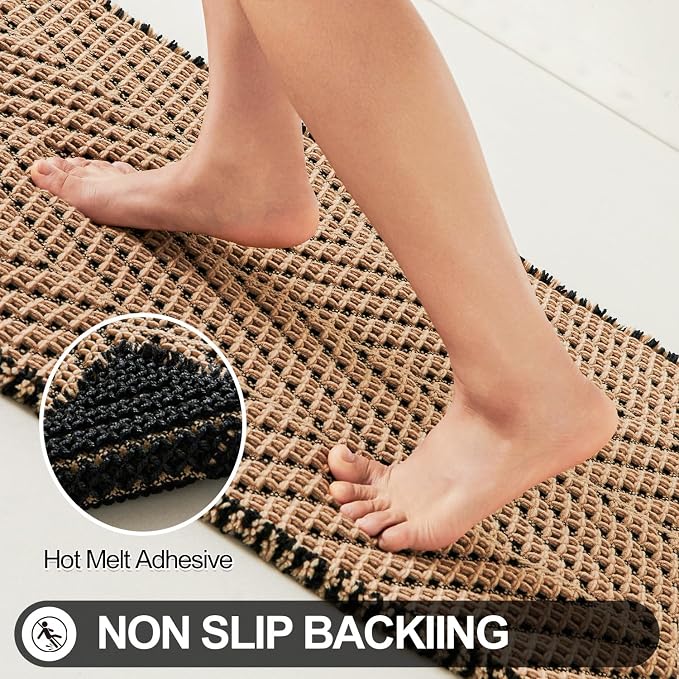 Sunfly Waffle Runner Bath Mat，Long Bathroom Rugs Non Slip Washable, Ultra Soft Super Absorbent Quick Dry Boho Farmhouse Bathroom Decor, 24" x 72", Black &Khaki