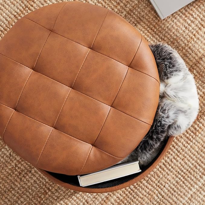 Ornavo Home Decor Round Ottoman with Storage, Round Vanity Chair Stool Ottoman Pouf with Storage for Living Room and Bedroom, Faux Leather Cognac