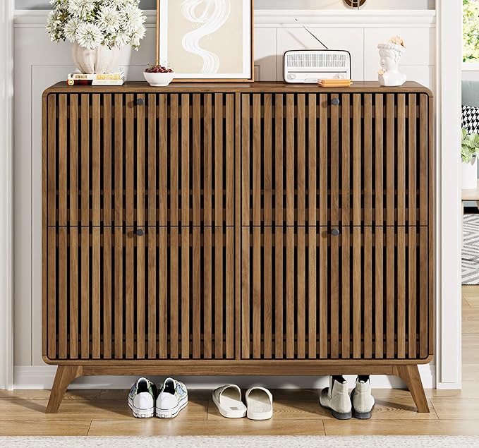 Jluomei Large Shoe Cabinet for Entryway, Bamboo Narrow Shoe Cabinet Storage with 4 Flip Drawers, Slim Fluted Shoe Rack Organizer for Entry Way, Hallway, Thin, Skinny, Wood, Walnut