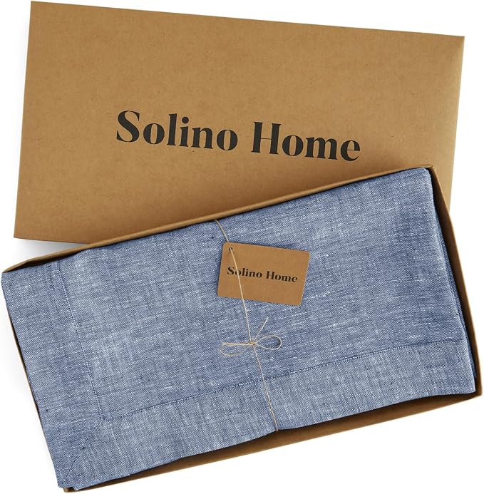 Solino Home Linen Tablecloth 60 x 144 Inch - 100% Pure Linen Chambray Indigo Table Cloth for Rectangle Tables - Athena, Machine Washable Tablecloth for Summer