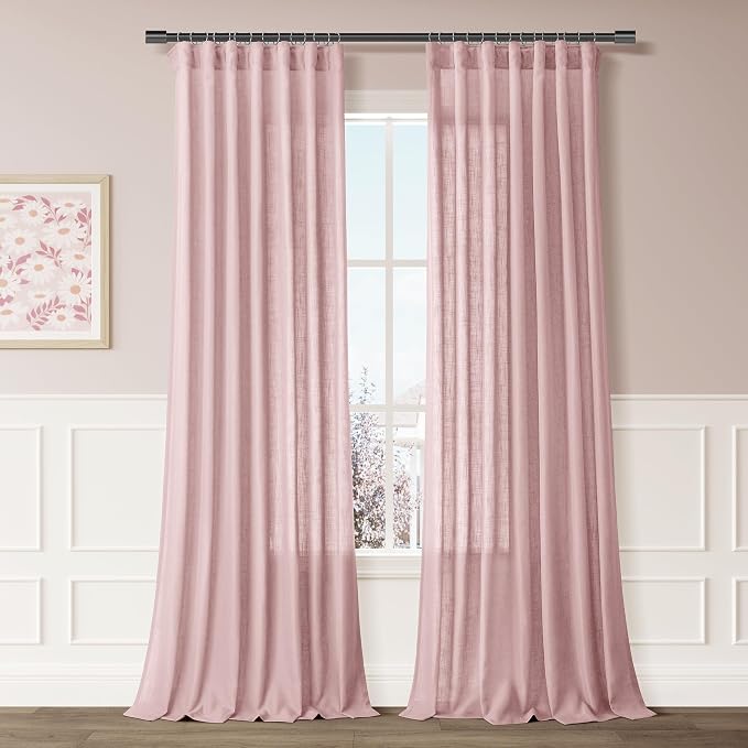 Joywell Pink Linen Curtains 84 Inches Length Light Filtering Cute Pink Bailey Blush Rod Pocket Back Tab Hook Belt Clip Rings Semi Sheer Window Drapes for Girls Bedroom Nursery 2 Panels 52x84