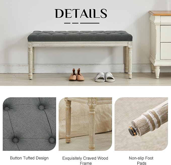 LOULENS 43.9" Linen Fabric End of Bed Bench, Vintage French Upholstered Button Tufted Entry Bench, Window Seat with Carved Wood Legs for Bedroom, Living Room, Entryway, Foyer, Hallway, Dark Grey
