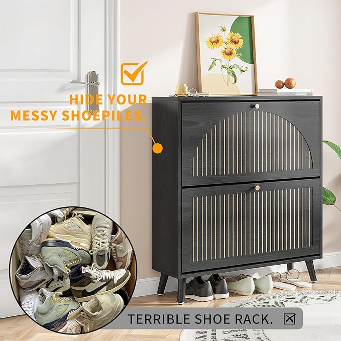 Fsbecl Shoe Storage Cabinet for Entryway with 2 Flip Drawers, Narrow Wood Shoe Cabinet with Fluted Panel, Freestanding Hidden Shoe Organizer for Foyer, Hallway (Black - with Shelf)