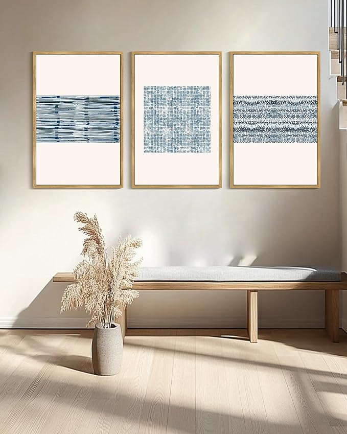 PHOPAGO Blue Abstract Framed Wall Art Large 24x36in Modern Boho Neutral Line Wall Decor Bohemain Minimalist Geometric Artwork Home Decor - Natural Framed