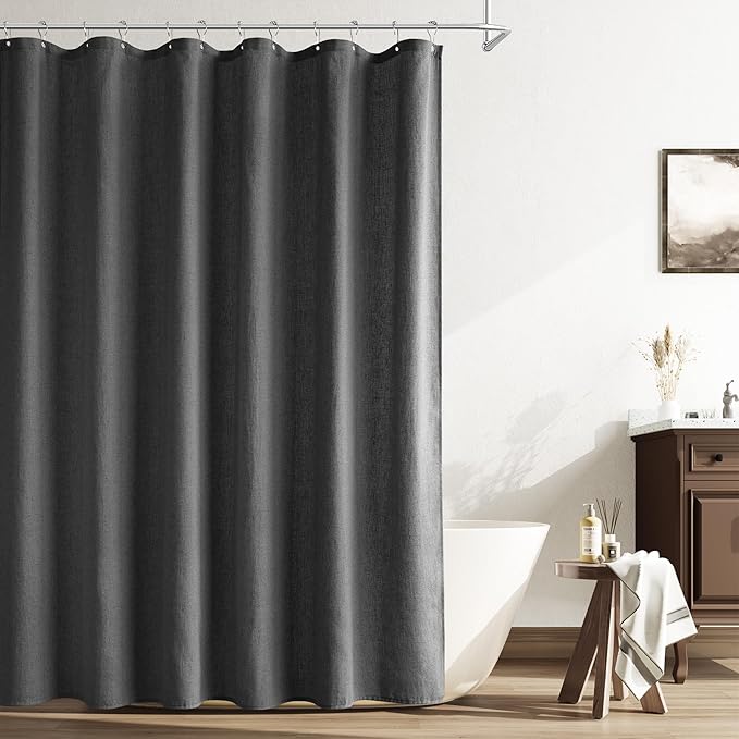 Naturoom Dark Grey Linen Shower Curtain, Country Boho Farmhouse Bath Decor Shower Curtains Neutral Cloth Weighted Textured Fabric Bath Curtain Liner with Hooks, 72x80