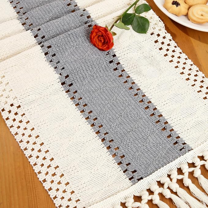 Boho Table Runner with Tassels 72 Inches Long Fringes Grey Soft Cotton Farmhouse Rustic Modern Spring Dining Coffee Table Runner for Festival Party Home Christmas Decoration
