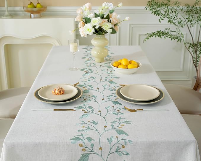 Alsoo Embroidered Tablecloth Rectangle 55 x 120 Inch, Farmhouse Otanical Floral Table Cloth Waterproof Washable Cotton Linen Fabric for Thanksgiving Spring Summer