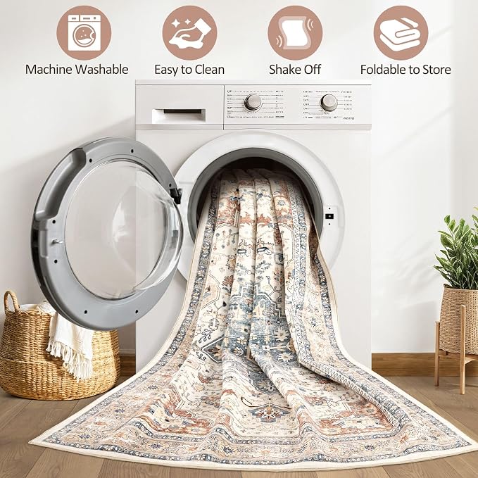 8x12 Area Rugs Living Room: Washable Boho Large Neutral Vintage Soft Rug Stain Resistant Distressed Farmhouse Non-Slip Indoor Floor Carpet for Bedroom Nursery Kids Office Dining Room- Beige Blue