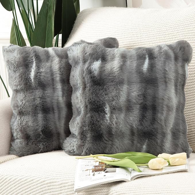 MADIZZ Pack of 2 Thick Plush Faux Wool Throw Pillow Covers Soft Boho Throw Pillows Luxurious Cushion Covers for Couch Sofa Bedroom Living Room Home Decor Euro Sham 26x26 Inch Dark Grey