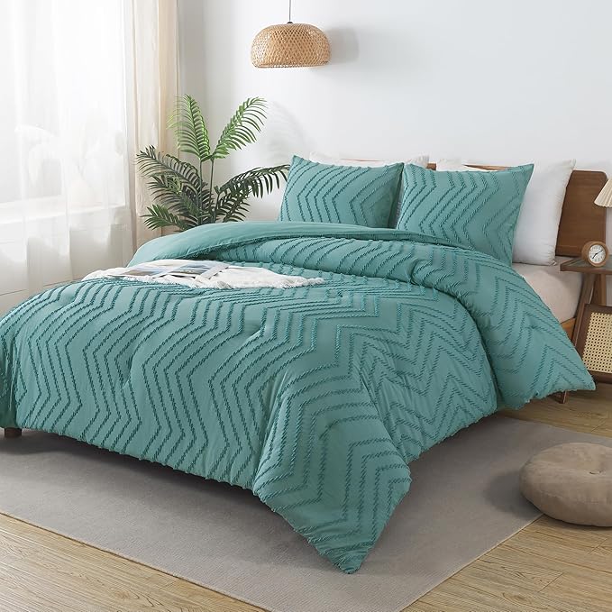 Andency Grayish Teal Comforter Set Full Size, Boho Soft Warm Bedding Comforter Sets for Full Bed, 3 Pieces Vintage Chevron Tufted Aesthetic Comforter Set