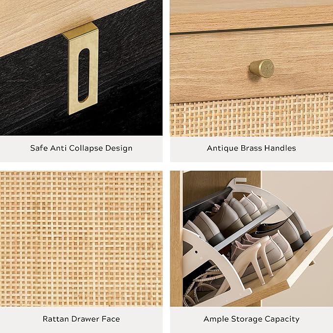 EYYTHUNG Rattan Shoe Cabinet Set of 2 Narrow Shoe Storage Cabinet with 6 Flip Drawers Hidden Freestanding Shoe Rack Organizer with Wood Legs for Entryway Slim, Hallway, Natural Oak
