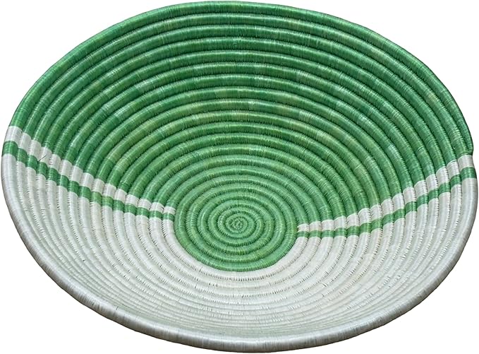 Handwoven African Sisal Basket Bowl Handmade Woven Fruit Bowl, Decorative Wall Basket for Home Décor, Living Room Centerpiece Gifts Zen Design Arts and Crafts (Green Off White, 10in diameter)
