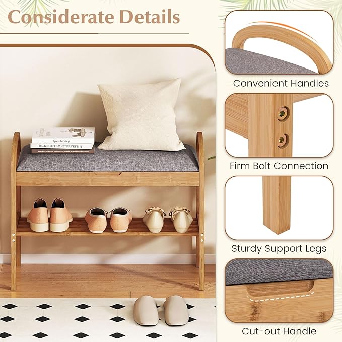 Giantex Shoe Bench with Flip-Top Storage, Bamboo 2-Tier Entryway Bench with Padded Cushion, Shoe Rack Bench for Hallway, Closet, Foyer, Living Room, Bedroom, Mudroom (with Flip-Top Storage)