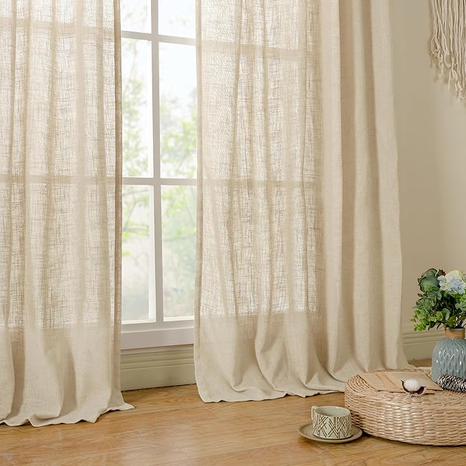 LAMIT Semi Sheer Linen Curtains 45 Inches Long 2 Panels, Light Filtering Panels Back Tab and Rod Pocket Neutral Drapes for Kitchen/Window/Bedroom, 52 x 45 Inch