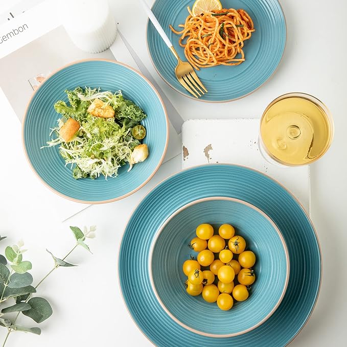 Arora RINGAR Round Stoneware 16pc Double Bowl Dinnerware Set for 4, Dinner Plates, Side Plates, Cereal Bowls, Pasta Bowls - Speckle Matte Turquoise (428525)
