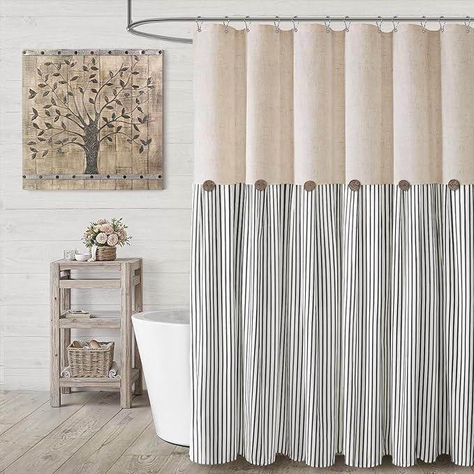 Farmhouse Shower Curtain Linen Button Woven Fabric Country Rustic Western, Pleated Black Stripe 72" W x 72" L