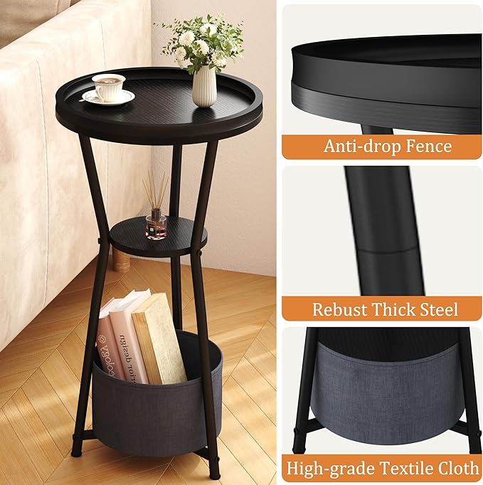 Yusong Round Side Table, Small Drink Table for Small Spaces, 3-Tier Industrial End Table, Accent Nightstand Bedside Table for Living Room, Bedroom, Sofa Couch, Black
