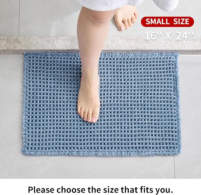 Disolla Waffle Bath Mat, Non Slip Absorbent Small Bathroom Rug, Machine Washable Quick Dry Ultra Soft Bathroom Floor Mat, Blue & White Bath Rug for Tub Shower, 17''x24''