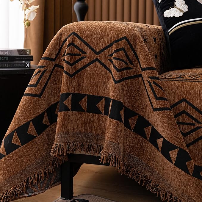 VClife Bohemian Couch Cover for Dog, Plush Thick Chenille Aztec Couch Cover for 3 Cushion Couch Sofa Pet Friendly Sofa Slipcover with Tassel 71"X134"
