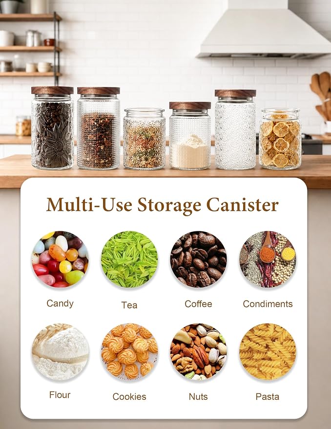 Vintage Glass Jars with Wood Lids - 34 OZ Airtight Storage Container for Kitchen Pantry Bathroom, Decorative Canisters for Coffee Beans, Brown Sugar, Cookie, Candy, Tea Bag, Dog Treat, Flour, Set of 2