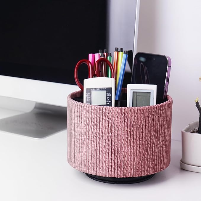 Round Leather Art Supply Organizer,Remote Control Holder,360 Degree Spinning,Multi-Functional Pencil Holder,4 Compartments Desktop Stationary Organizer(1-Wood Pink)