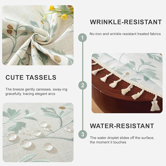 Laolitou Cotton Linen Waterproof Tablecloth for Dining Rustic Farmhouse Kitchen Round Table Cloth Coffee Table Cover, Beige, Green Coffee Flower, Round, 55", 2-4 Seats