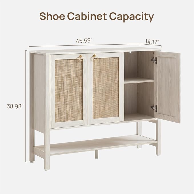 SICOTAS Rattan Shoe Cabinet with Storage - 2 Pieces Large Boho Shoe Organizer with 3 Doors & Adjustable Shelves, Tall Farmhouse Shoe Rack Cabinet for Entryway, Hallway, Living Room (White)