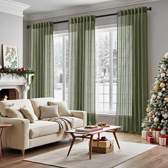 ANRODUO Olive Green Linen Curtains 102 Inches Long 2 Panels Light Filtering Sheer Back Tab Rod Pocket Drapes Cotton Linen Textured Window Curtain 102 Inch Length for Bedroom Patio Sliding Glass Door