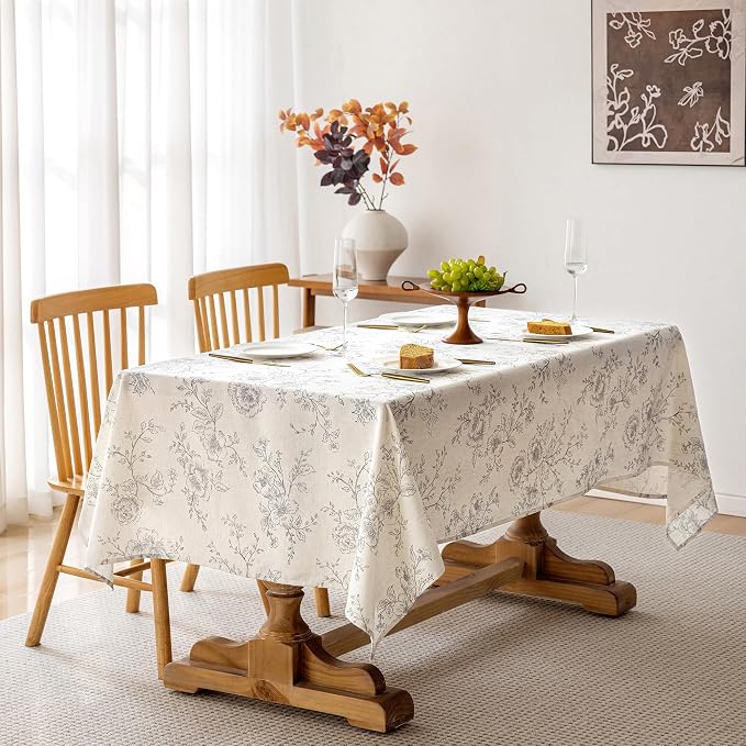 Floral Linen Square Tablecloth 55 x 55 inch Wrinkle Resistant Vintage Farmhouse Tablecloth Gray Pattern Printed on Cream Table Cloth Square Table Cottage Burlap Fabric Table Cover Home Decor Holiday
