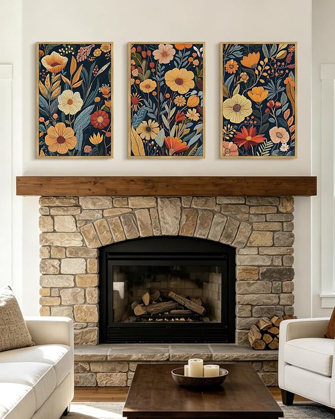 PHOPAGO Vintage Flower Framed Wall Art 16x24in Set Boho Colorful Floral Wall Decor Retro Botanical Wildflower Modern Art Prints Room Decor - Natural Framed