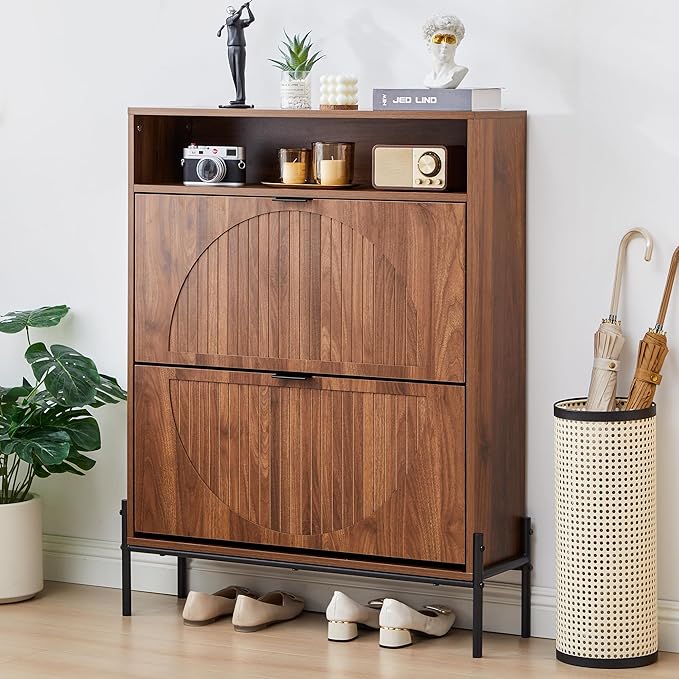 FurSch Fluted Shoe Cabinet with 2 Flip Drawers, Narrow Shoes Storage Organizer Rack with Circle Design Panel for Entryway Hallway (Walnut)