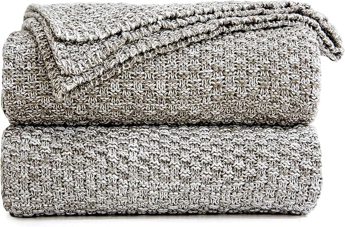 Longhui bedding 100% Cotton Knitted Throw Blanket – Light Grey, Soft & Cozy, Machine Washable, 51"x63" – Perfect for Living Room, Couch, Sofa, Bed or Travel