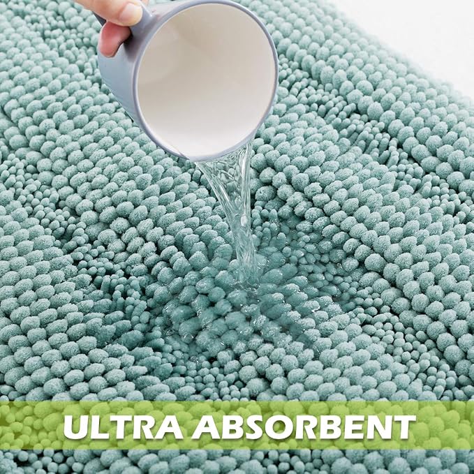 KGORGE Quick Drying Bathroom Rugs - Non-Slip Bath Mat Water Absorbent Thick Shaggy Chenile Bathtub Set for Toilet Kitchen Entryway, Aqua, 47" x 17", 1 Pc