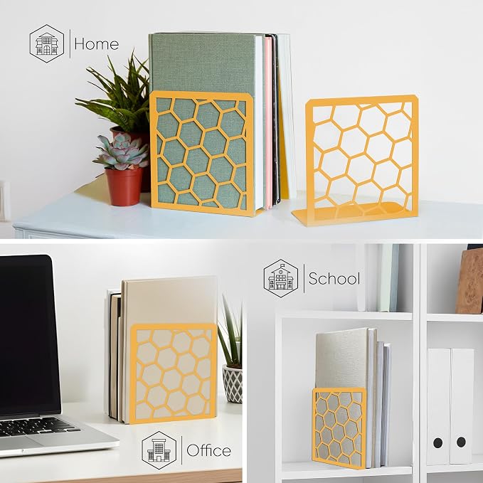 Gold Geometric Honeycomb Metal Bookends - Book Ends for Shelves - Decorative Modern Heavy Duty Bookend Stopper - Book Ends for Heavy Books - Home Office Book Holder - 2 Pair, 6x3.25x6.25 in