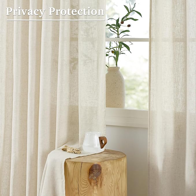 StangH Sheer Linen Curtains 84 inch Length 2 Panels Set, Natural Flax Linen Semi Sheer Curtains Soft Breathable Light Filtering Farmhouse Drapes for Living Room Sliding Door, W55 x L84