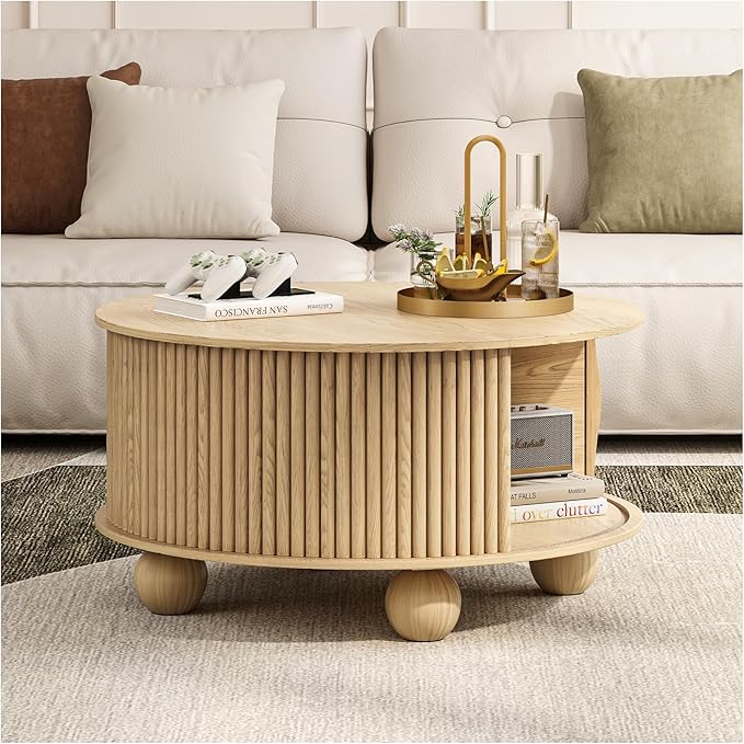Round Coffee Table with Storage, 31.5" Mid Century Modern Coffee Table with Sliding Door & Bun Feet, Minimalist Fluted Center Table for Living Room, Home Small Space, Oak