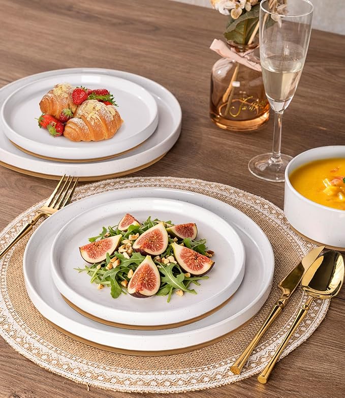 AmorArc Ceramic Dinnerware Set for 4 | Speckled Stoneware Plates and Bowls with unglazed terracotta | Scratch Resistant, Dishwasher & Microwave Safe Dishes Sets- 12-Pcs Milk White