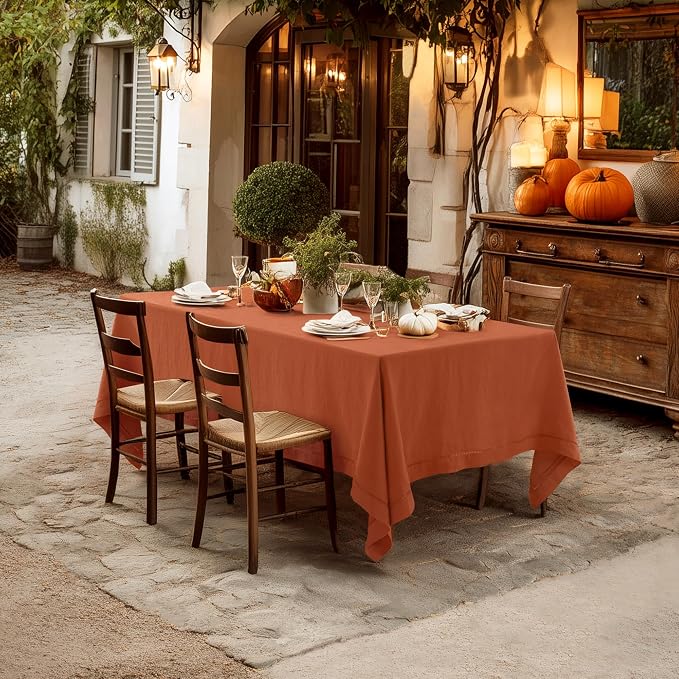 Linen World Fall Linen Tablecloth 120" x 60" Inch,French Linen Washable Rectangular Table Cloth for Dining,Outdoor, Weddings and Restaurants,Decorative Thanksgiving Christmas,Caramel Hemstitch