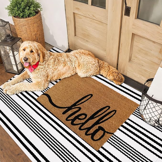 Outdoor Front Door Mat 3'x5', Black and White Cotton Hand Woven Striped Rug,Reversible Washable Front Porch Rug, Foldable Layered Doormat for Entryway/Home Entrance/Farmhouse