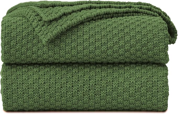 Longhui bedding 100% Cotton Knitted Throw Blanket – Olive Green, Soft & Cozy, Machine Washable, 51"x63" – Perfect for Living Room, Couch, Sofa, Bed or Travel
