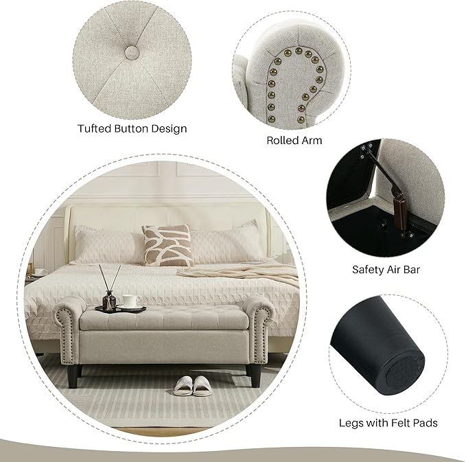 SOFTHION Storage Bench, 50" Queen End of Bed Bench, Linen Tufted Button Upholstered Bedroom Bench, Storage Ottoman with Rolled Arms, Window Bench with Storage, for Living Room, Entryway Light Brown