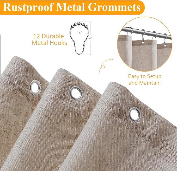 Naturoom Linen Shower Curtain 78 Inch Long Shower Curtains Set with Hooks for Bathroom Boho Farmhouse Fabric Neutral Cloth Modern Cottage Core Waterproof,Taupe Burlywood