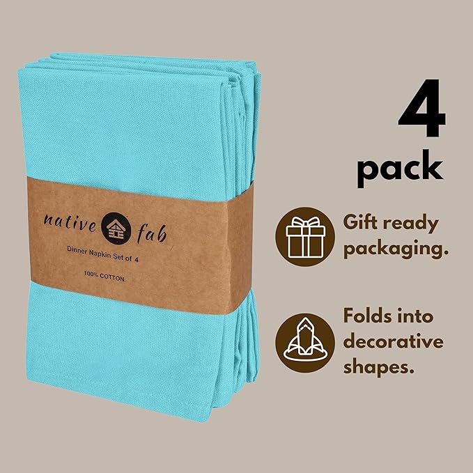 Native Fab Blue Cloth Napkins, 4 Pack, 100% Cotton, 17x17 Inches, Heavy Duty, Soft Texture, Quick Drying, Great for Spring Holidays, Family Gatherings, Baby Showers, Restaurant Use, Ocean Blue